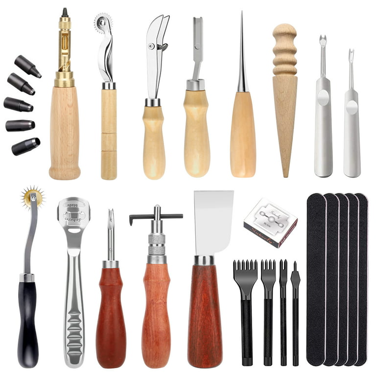 16pcs Leather Tool Kit, TSV Upholstery Craft Tooling Punch Kits for DIY  Repair Stitching Carving Printing Cutting Profe