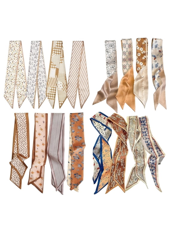 16pcs Lightweight Satin Women Fashion Scarf Set- Trendy Boho Narrow Neck Wrap Hair Ribbon Handbag Decoration Gift for Her-003