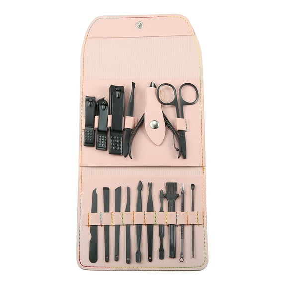 16pcs Manicure Set Stainless Steel Pedicure Kit for Men Women with Pink PU Leather Case Black
