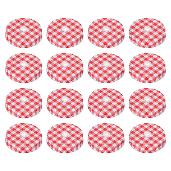 16pcs Mason Jar Lids 2.76" Tinplate Canning Covers with Straw Hole, Red Gingham