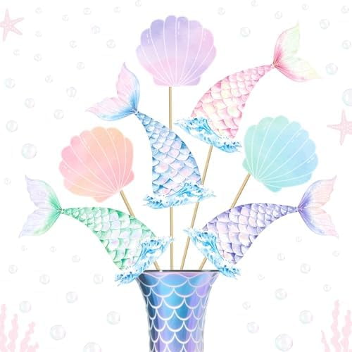 16pcs Mermaid Tail Seashell Theme Centerpiece Sticks Mermaid Party Centerpieces for Table Under The Sea Party Decorations for Ocean Sea Creatures Theme Birthday Baby Shower Supplies