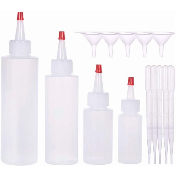 16pcs Mixed Size Plastic Squeeze Dispensing Bottles (1/2/4/6 Ounce) Red Tip Cap Bottles with 10pcs Droppers 5pcs funnels and Extra 10pcs Caps for Art Craft Projecting for DIY