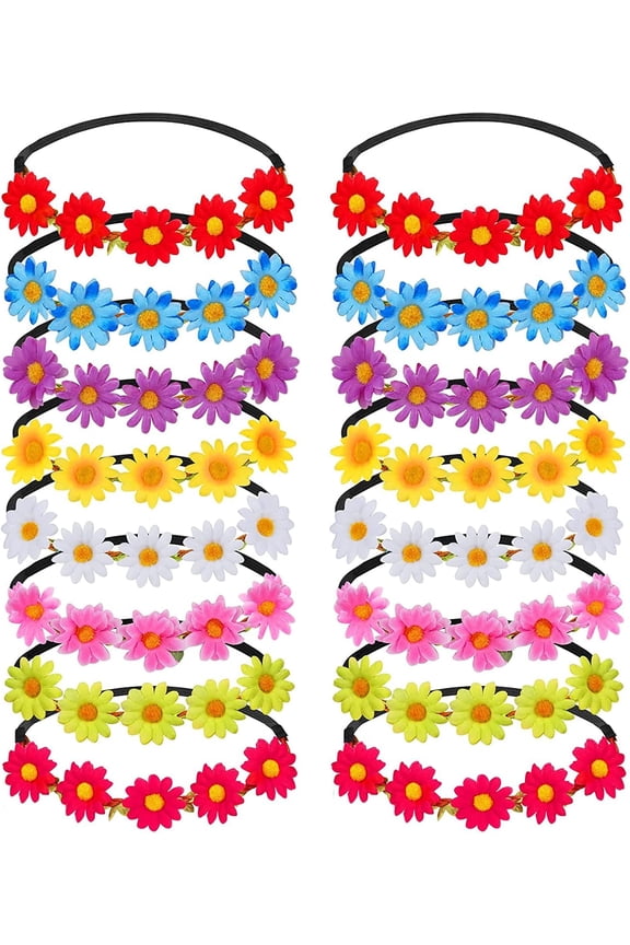 16pcs Multicolor Flower Headbands for Women, Floral Crowns Hippie with Adjustable Elastic Hair Bands Hair Accessories for Festival Wedding Party