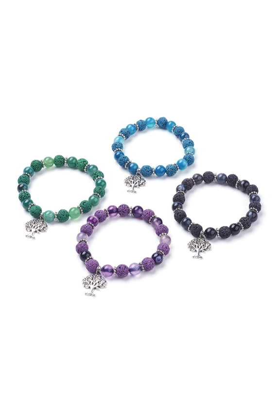 16pcs Natural Lava Rock(Dyed) Round Beads Stretch Charm Bracelets with Natural Striped Agate/Banded Agate Beads Alloy Pendant Tree Mixed color 2-1/8 inch(54mm)