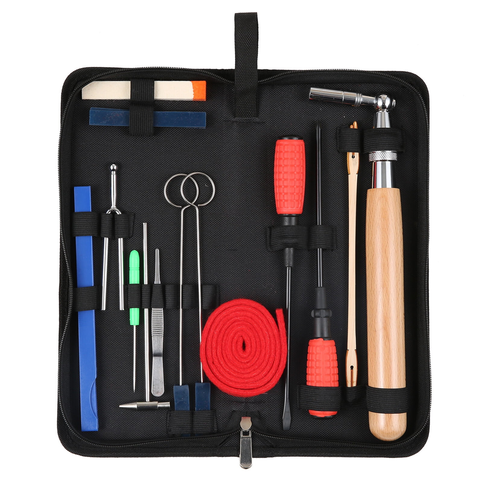 16pcs Piano Tuning Kit Professional Tuning Tools Set Tuning Wrench Long Handle Tuning Wrench Rubber Mutes Screwdriver Tweezers Hammer Temperament Felt Strip Fork for Piano Tuner with Bag