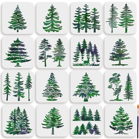 16pcs Pine Tree Stencil 6x6inch Forest Tall Fir Pine Template with Paint Brush Reusable Christmas Trees Stencils Wall Art Tree Template
