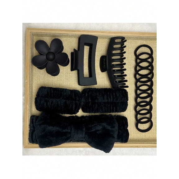 16pcs Pink/Black Wave Shape Elegant Solid Padded Headband Wrist Band Plush Scrunchie Flower Hair Clip Pink Accessories Back To School Hair