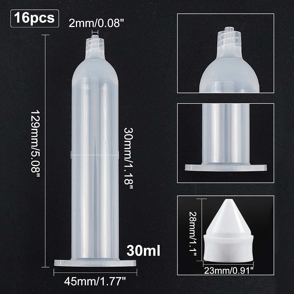 16pcs Plastic Dispensing Syringes with Piston Clear 129x45x30mm Hole: 2mm Piston: 23x28mm Capacity: 30ml(1.02 fl. oz)
