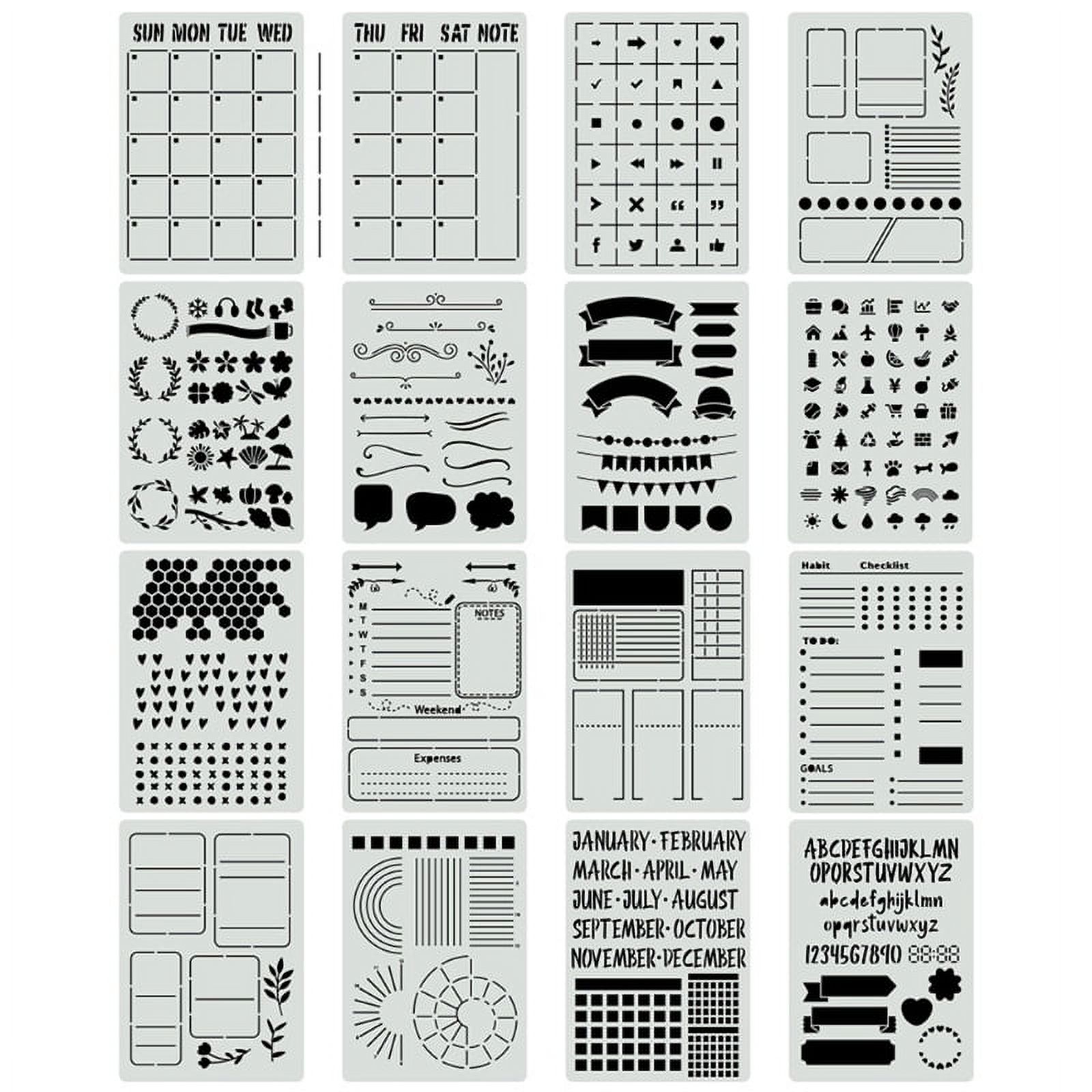 16pcs Plastic Journal Stencils Template for Journal Notebook Diary  Scrapbook Planner DIY Drawing Stencils 8x6 Inch