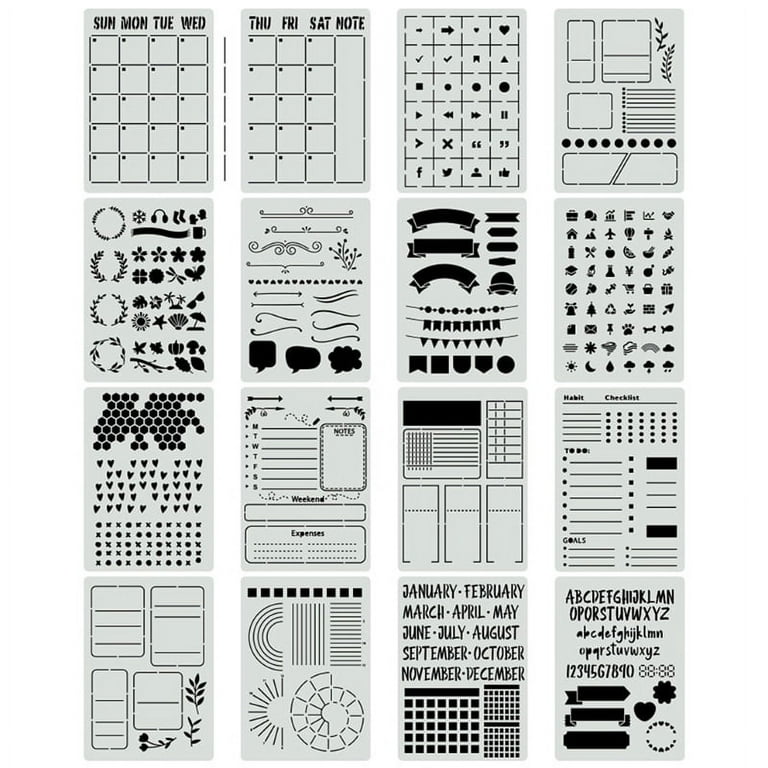 16pcs Plastic Journal Stencils Template for Journal Notebook Diary