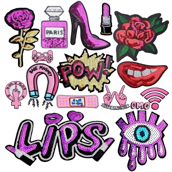 16pcs Purple Iron on Patches Glitter Sequins Lips Lipstick High Heel Rose Pink Themed Sew on Embroidered Applique for Women Garment Handbags Hats DIY Decor