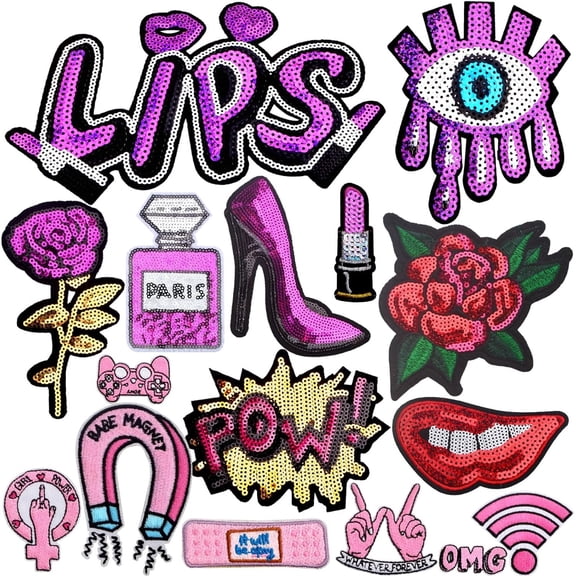16pcs Purple Iron on Patches Glitter Sequins Lips Lipstick High Heel Rose Pink Themed Sew on Embroidered  for Women Garment Handbags Hats DIY Decor