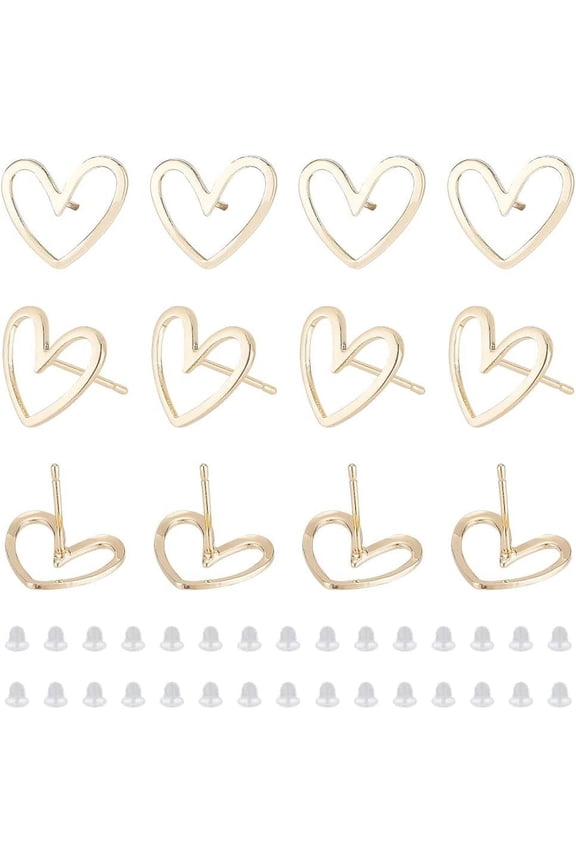 16pcs Real 18K Gold Plated Brass Earrings Heart Shaped Brass Earrings Simple Hollowed Out Heart Earrings and 40 Plastic Ear Plugs for Anniversary Jewelry Making 13x11mm