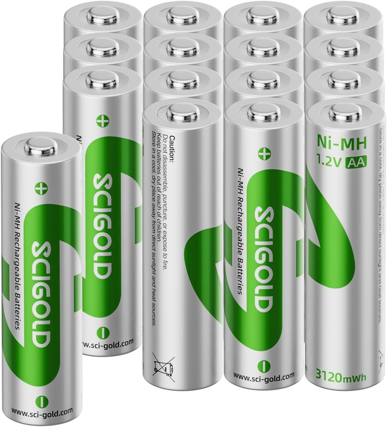16pcs Scigold 2300mah Rechargeable AA Batteries,3120mWh High Performance Pre-Charged AA Battery
