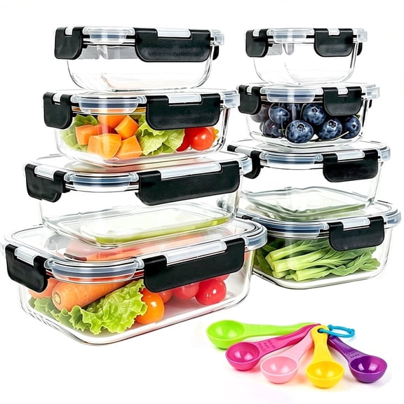 16pcs Sealed Glass Food Storage Containers (8 Lids+8 Containers) Lunch Boxes for Salads, Fruits, Vegetables, and Sandwiches, Black
