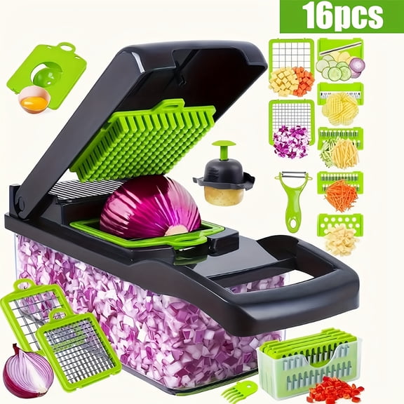 16pcs Set of Multifunctional Manual Vegetable Chopper And Food Slicer - Plastic Kitchen Kit Including a Drain Basket, Hand Guard, And Container for Chopping Onions, Carrots, And Garlic