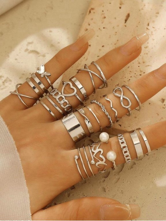 16pcs/Set Silver-Tone Vintage Style Assorted Rings Set For Women
