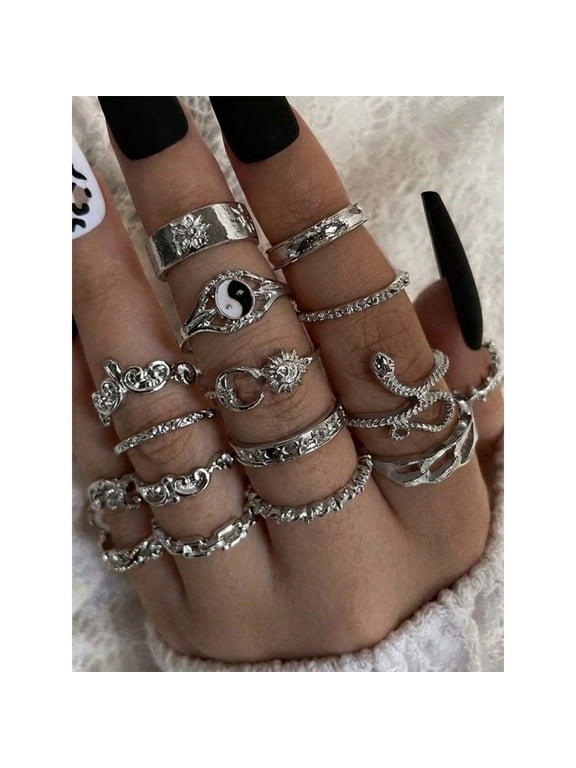 16pcs Silver Vintage Geometric Hollow Hinge Rings Set For Women With Yin Yang, Sun, Moon, Snake, Leaf And Flower Designs