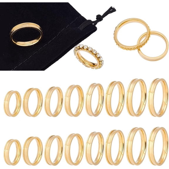 16pcs Size 6-13 Golden Blank Core Ring Stainless Steel Grooved Ring with Velvet Pouches Round Empty Ring for Inlay Ring Jewelry Band Making and Gift 8 Sizes