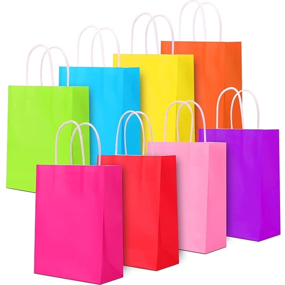 16pcs,Small Paper Gift Bags with Handles, 5.9"×3.2"×8.25" Kraft Paper Party Favor Bags Bulk for Kids Birthday, Baby Shower, Crafts, Wedding, Party Supplies (8 Colors)
