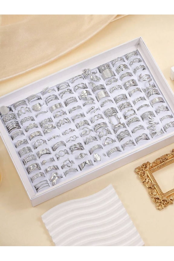 16pcs Stainless Steel Assorted Pattern Adjustable Rings In Silver
