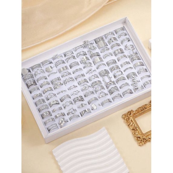 16pcs Stainless Steel Assorted Pattern Adjustable Rings In Silver