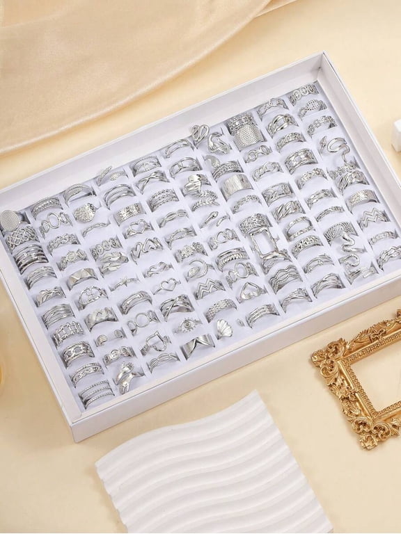 16pcs Stainless Steel Assorted Pattern Adjustable Rings In Silver