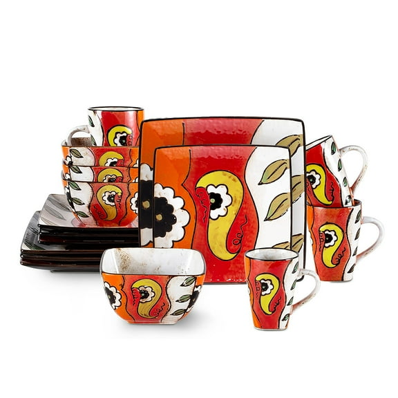 16pcs Stoneware Artisan Hand Painted Impressionism Garden, Reactive Glaze Dinnerware Set square dishs set