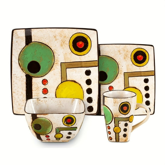 16pcs Stoneware Square Artisan Hand Painted Impressionism Pond, Reactive Glaze Dinnerware Set for 4