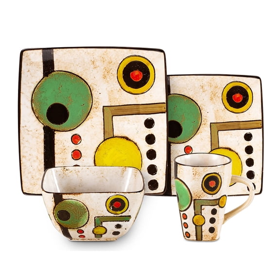 16pcs Stoneware square Artisan Hand Painted Impressionism Pond, Reactive Glaze Dinnerware Set for 4