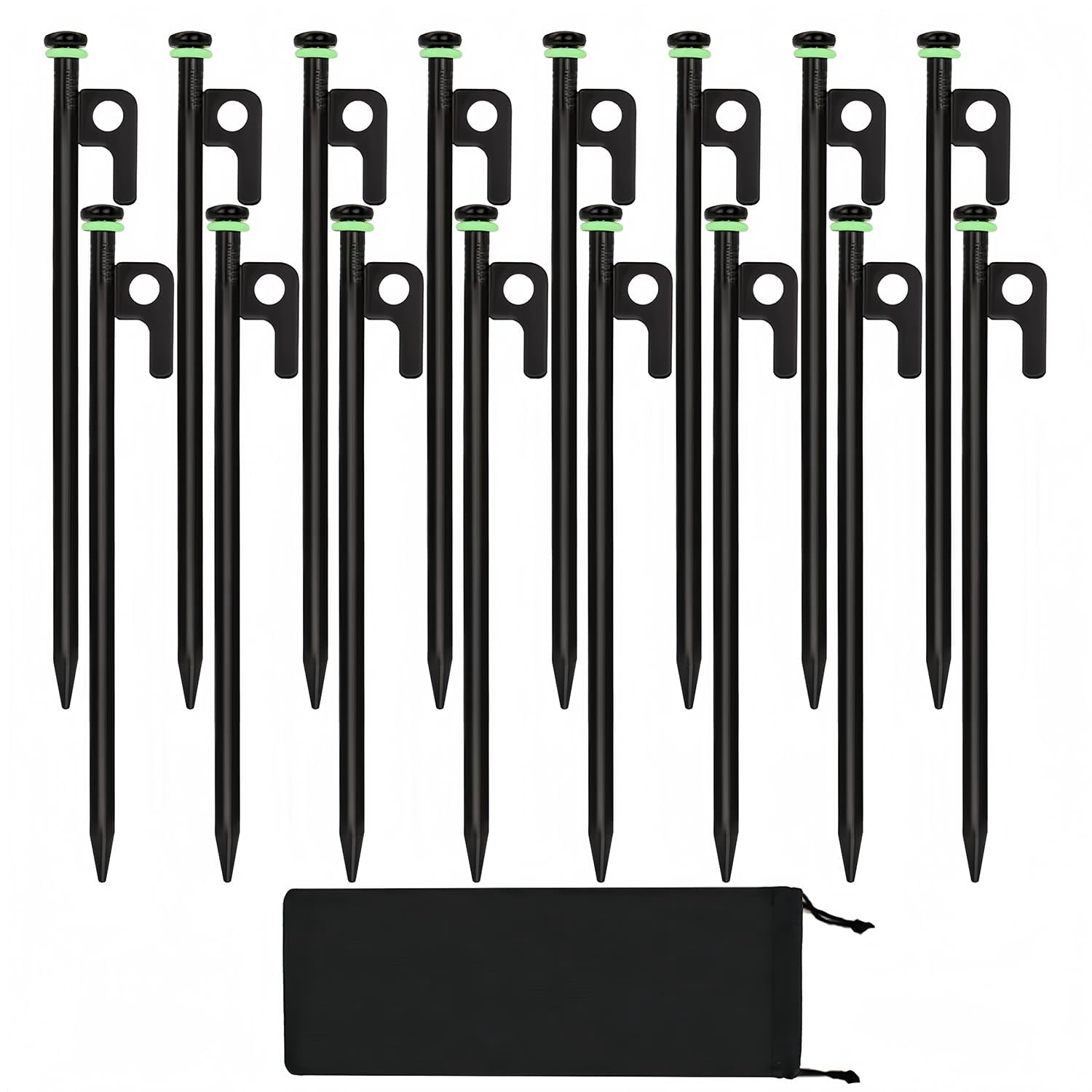 16pcs Tent Stakes  12in Heavy Duty With Storage Pouch Dia. 0.35" Forged Steel For On Rocks Grassland Snowfield(16pcs Stakes)