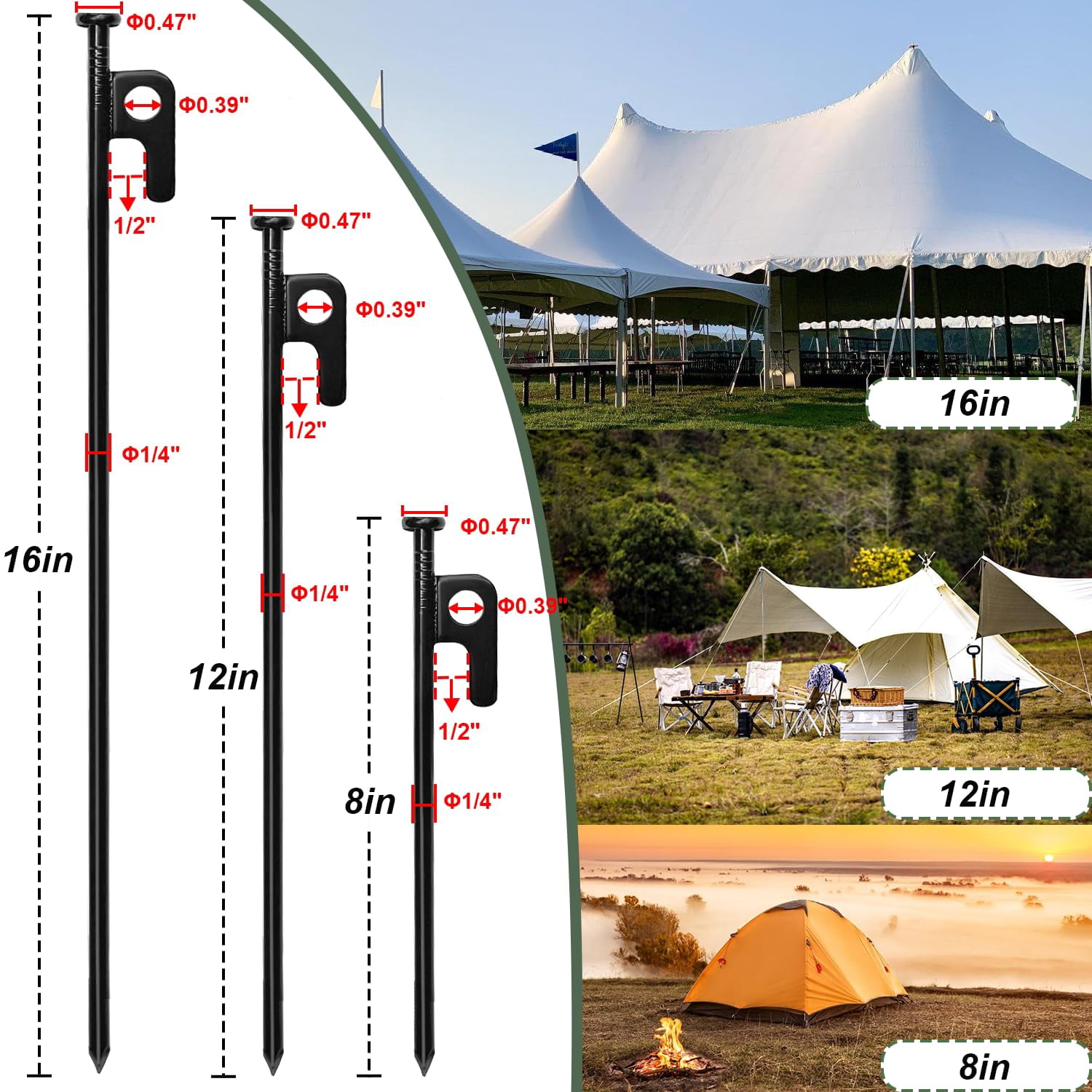 16pcs Tent Stakes  16in Heavy Duty With Storage Pouch Forged Steel Sakes Metal For On Grassland Snowfield Dessert(16pcs Diameter 1/4")