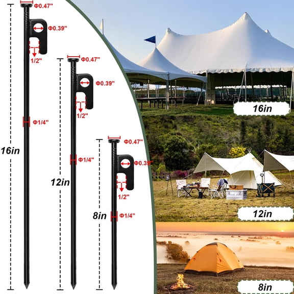 16pcs Tent Stakes  16in Heavy Duty With Storage Pouch Forged Steel Sakes Metal For On Grassland Snowfield Dessert(16pcs Diameter 1/4")