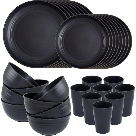 16pcs Unbreakable Wheat Straw Dinnerware Set,8 Plates, 8 Bowls, 8 Cups, Microwave & Dishwasher Safe, Black, Eco-Friendly Dining
