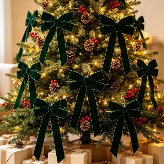 16pcs Velvet Christmas Bow with Metallic Ribbon – Hanging Bow for Tree, Wreath, Gift Wrapping and Xmas Decoration, 5.1 x 10.2 Inch
