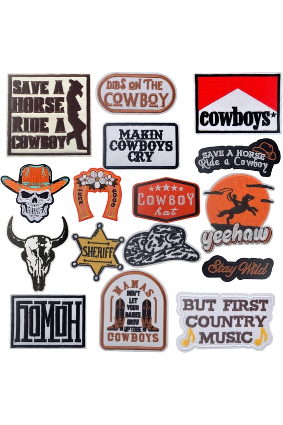 16pcs Western Iron On Patches West Cowboy Theme Embroidered Sewing Repair Appliques Vintage Lucky Horseshoe Hat Crafts Accessories for DIY Clothing T-Shirts Jackets Jeans Backpacks