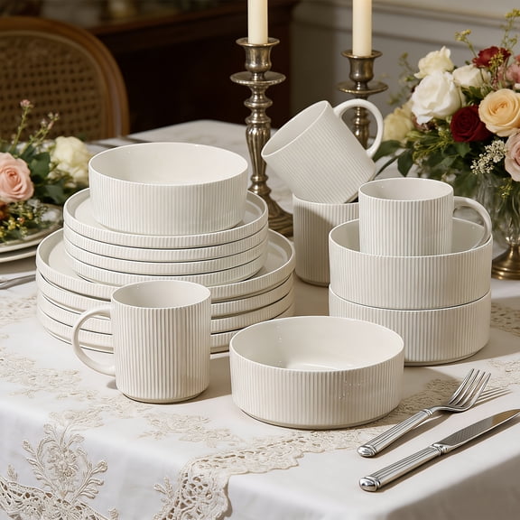 16pcs White Patterned Ceramic Tableware, European Classic Style Set, Plate Pasta Bowl Soup Bowl, Modern High-end Elegant Exquisite, Suitable for Parties, Weddings, Family Dinners or as Gifts