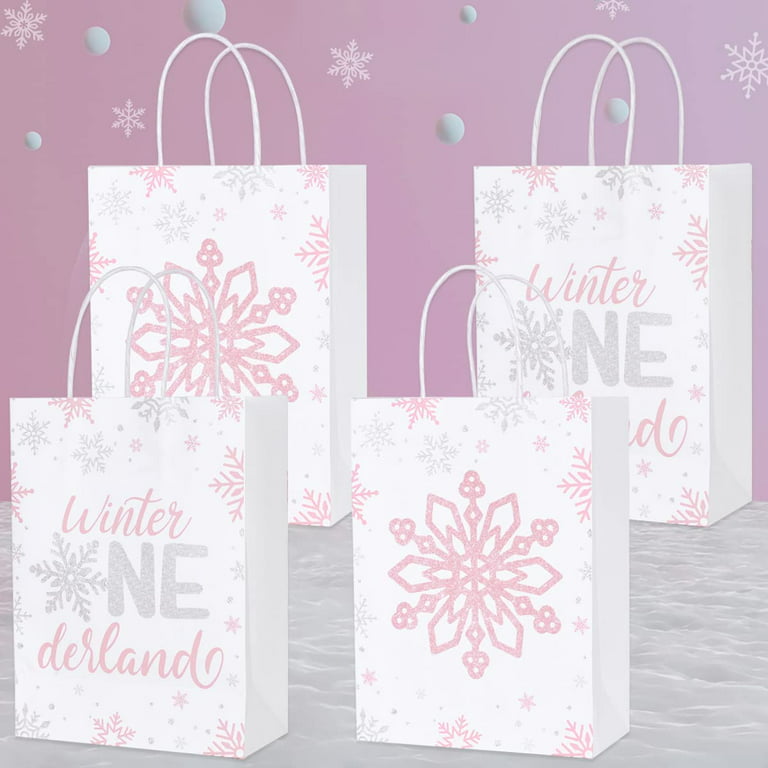 16pcs Winter Onederland 1st Birthday Party Favor Bags, Pink Silver