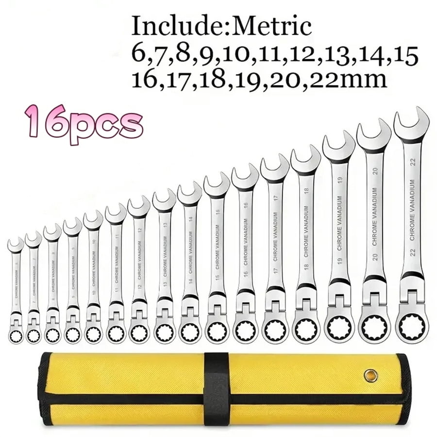 16pcs flexible head ratchet wrench set 6-22mm, mechanic auto repair maintenance open end dual purpose wrench ratchet wrench