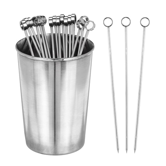 Uxcell Stainless Steel Cocktail Picks Reusable Skewers with Storage Cup 16