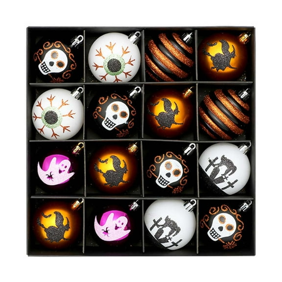 16ps Halloween Hanging Ball Decorations, 6cm Glitter Balls, Painted Ghost Skull Plastic Ball Pendants. Suitable for Halloween Tree Decorations, Parties, Holiday,Home Haunted House Party Decor.
