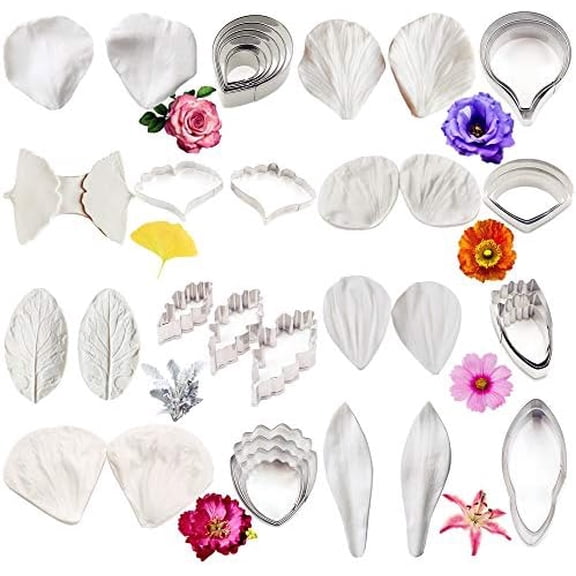 16set Gumpaste Flower Molds and Cutters Fondant Tools Kit Stainless Steel Flower Cookie Cutter Sugarcraft Flower Silicone Veining Making Mold for Wedding,Birthday Cake Decorating