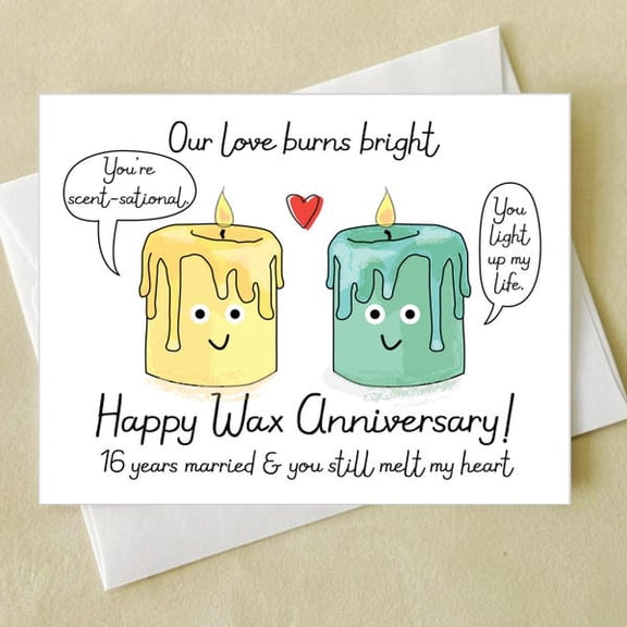 16th Anniversary Card for Husband Wife, Funny Wax Anniversary Greeting, Cute Melting Candle Illustration