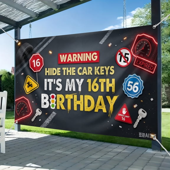 16th Birthday Banner for Boys Hide The Car Keys Happy 16th Birthday Decorations Caution Logo Themed 16 Years Old Backdrop Warning New Driver Party Supplies 51*59IN