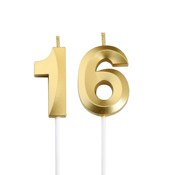 16th Birthday Cake Candles Set of 2, Shimmering Gold Number 16 Topper for Party Decor, Anniversary, Celebration, Gold