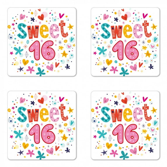 16th Birthday Coaster Set of 4, New Age Years with Heart Dots and Blooms Vintage Style Motif, Square Hardboard Gloss Coasters, Standard Size, Multicolor, by Ambesonne