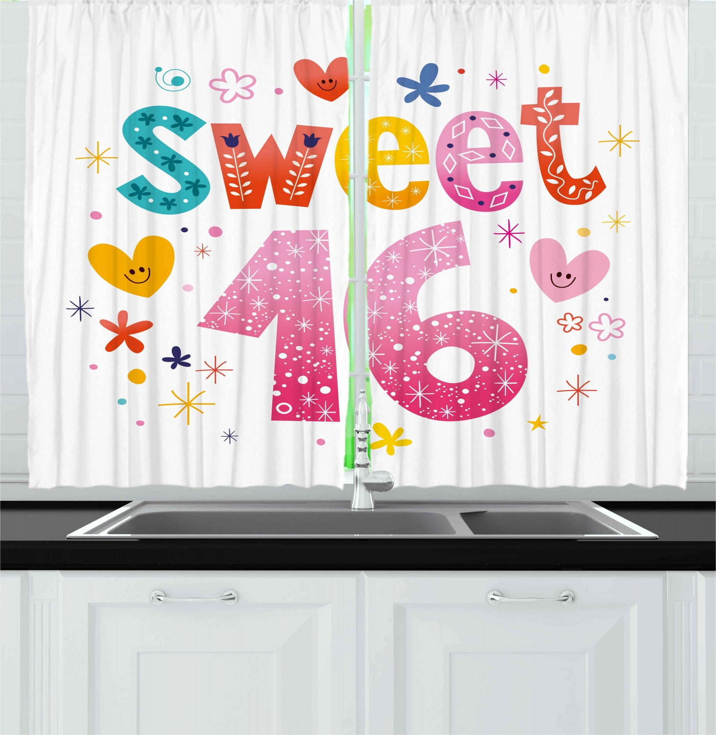 16th Birthday Curtains 2 Panels Set, Cute Sweet Sixteen Hearts Stars