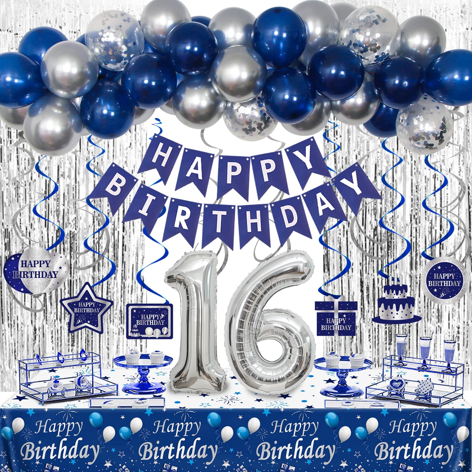Happy 16th Birthday Decorations - Black & Gold Fabric Backdrop Banner 6.1x3.6 Ft With Yard Sign