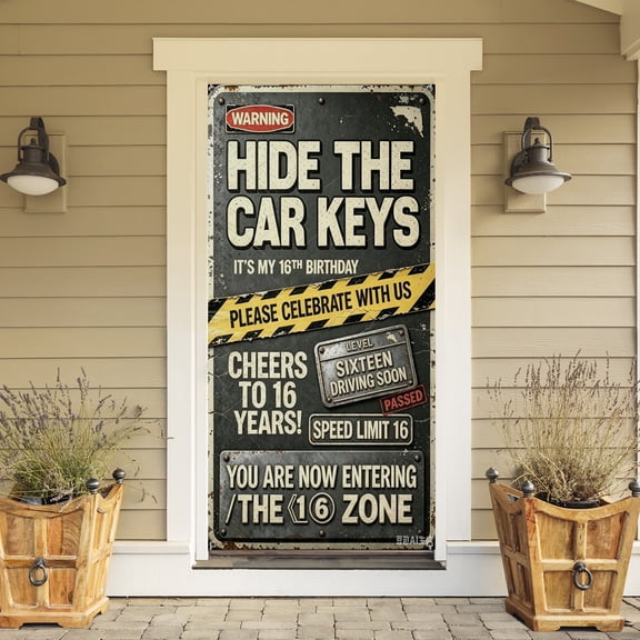 16th Birthday Decorations Boys Girls, Hide The Car Keys Happy 16th Birthday Banner Backdrop , Caution Logo Themed 16 Years Old Party Yard Door Wall Cover Background