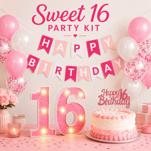16th Birthday Decorations for Girls, Pink and White Party Supplies with LED Light Up Number 16 Marquee Sign, Glitter Balloons, Happy Birthday Banner & Sweet 16 Cake Topper